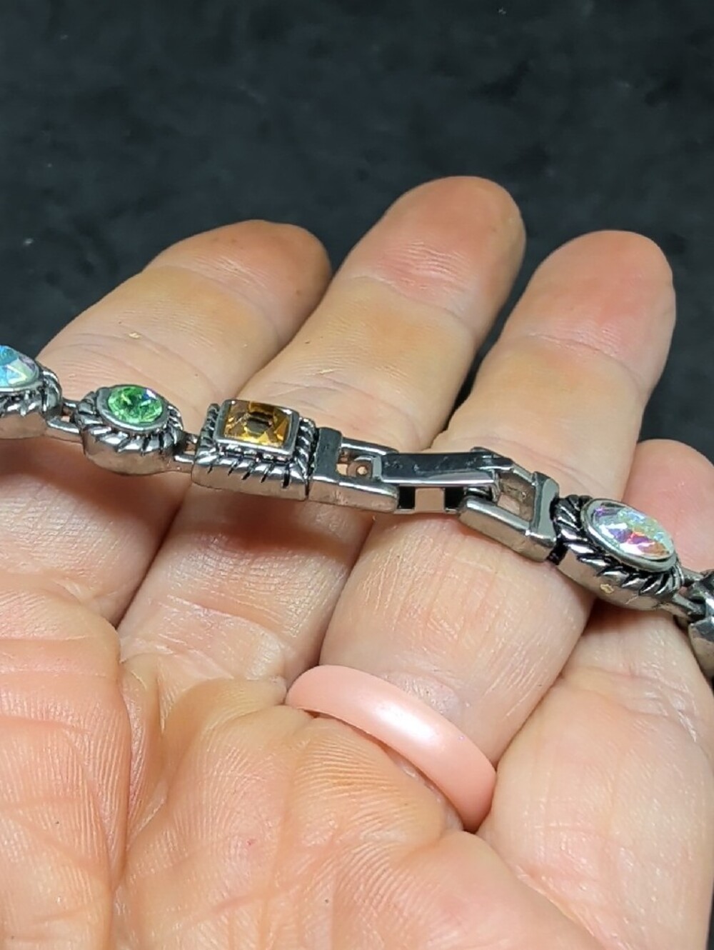 Vintage Parklane Mulit-colored Faux Gemstone Silver-Tone Tennis Bracelet - Picture 5 of 6